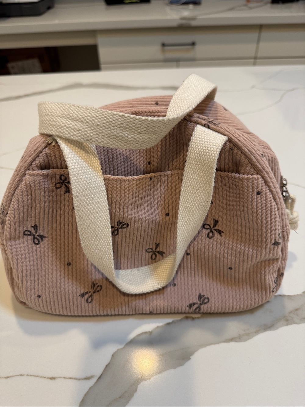 Pink Corduroy Bow lunch Bag with Cream Handles